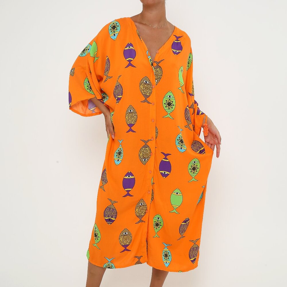 Women's Bright Orange Fish Print Button-Down Viscose Kaftan One Size Maxi Dress